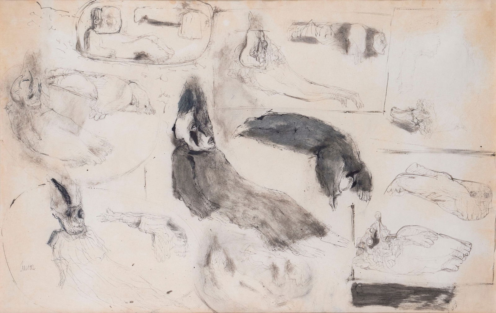 Jose Luis Cuevas (1934-2017) Mexico (two): HOJA DE ESTUDIOS PARA LOS FUNERALES DE UN DICTADOR, ink and wash drawing on paper, signed lower left, sight 21 x 33”, frame 27 ¾ x 39 ¾” with glass. Provenance: V Bienal del