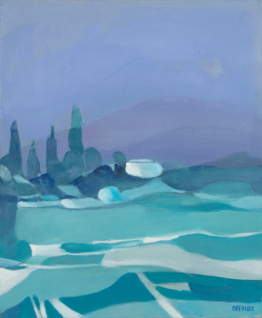 Alfred DeFossez (b. 1932) French: LANDSCAPE IN BLUES, oil painting on canvas, signed center right, 25 ½ x 21”, white slat frame 26 ¾ x 22 ½”. Provenance: Gabrielle DeFossez, the artist’s daughter.
