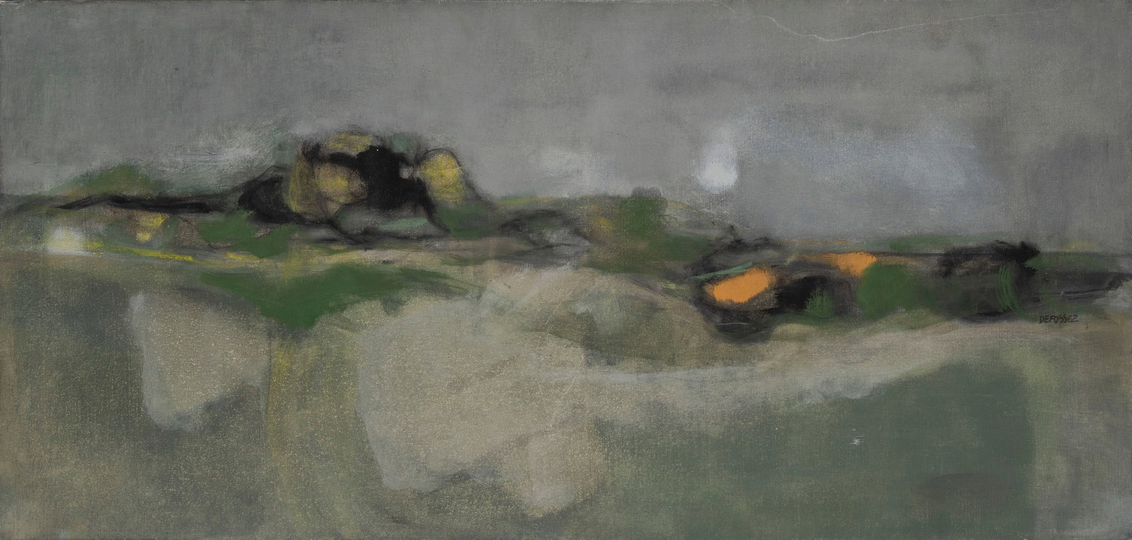 Alfred DeFossez (b. 1932) French: LANDSCAPE IN GREEN AND YELLOW, oil painting on canvas, signed center right, 16 ¼ x 33 ½”. Provenance: Gabrielle DeFossez, the artist’s daughter.