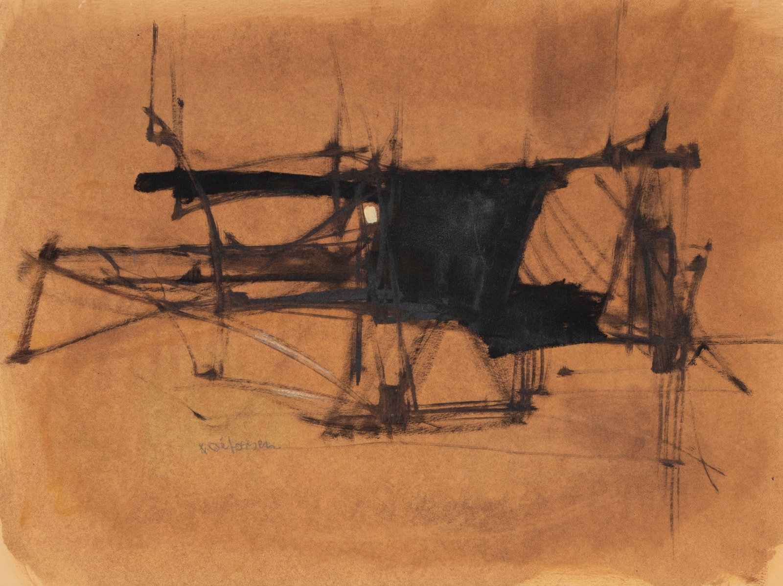 Alfred DeFossez (b. 1932) French: UNTITLED ABSTRACT IN BLACK AND BROWN, watercolor and gouache on card, signed lower left, 15 x 19 ½”, frame 19 x 23”, wired for 23 x 19”. Provenance: Gabrielle DeFossez, the ar
