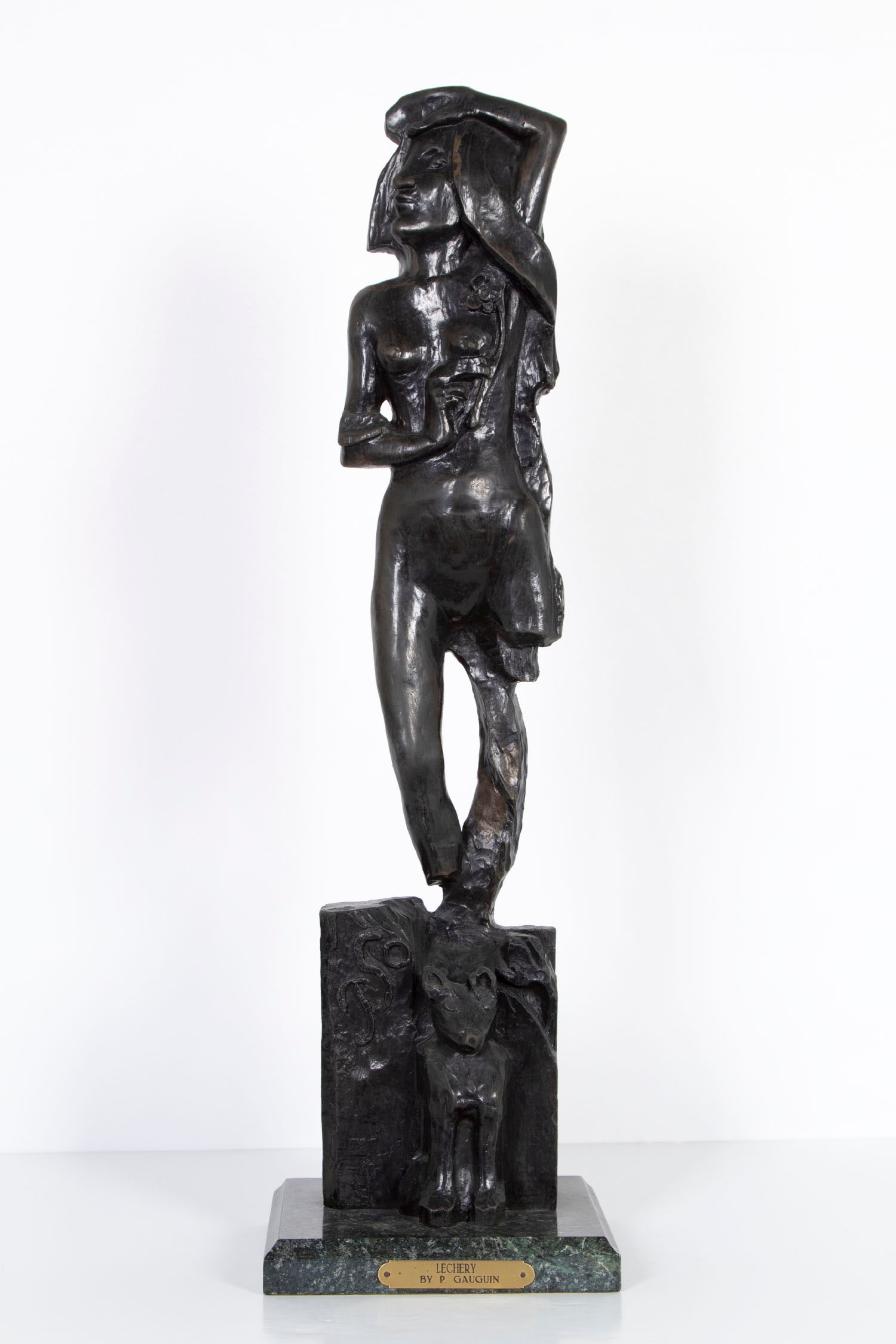 after Paul Gauguin (1848-1903) French/ French Polynesia: LECHERY (Luxure), circa 1890, cast bronze sculpture with dark patina, this appears to be a modern remolded casting, stamp numbered 7/300, made from the one of the original castings numbered 11/300 whi