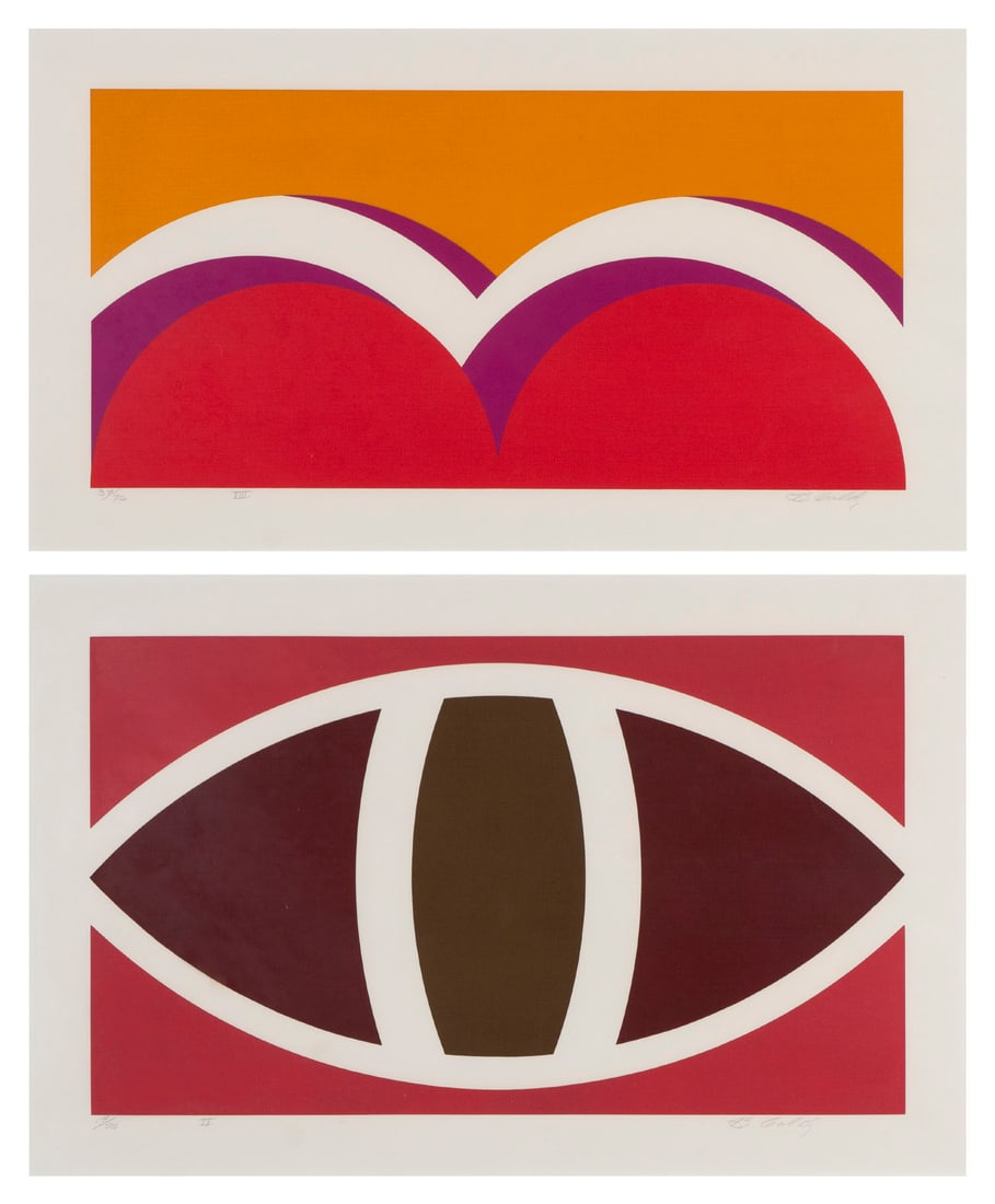 Betty Gold (b. 1935) Texas (two): UNTITLED, two color screenprints, each signed and numbered from editions of 75 in pencil, images 11 ½ x 19 ¾” & 9 ½ x 19 ½”, both with full margins, frames 20 &
