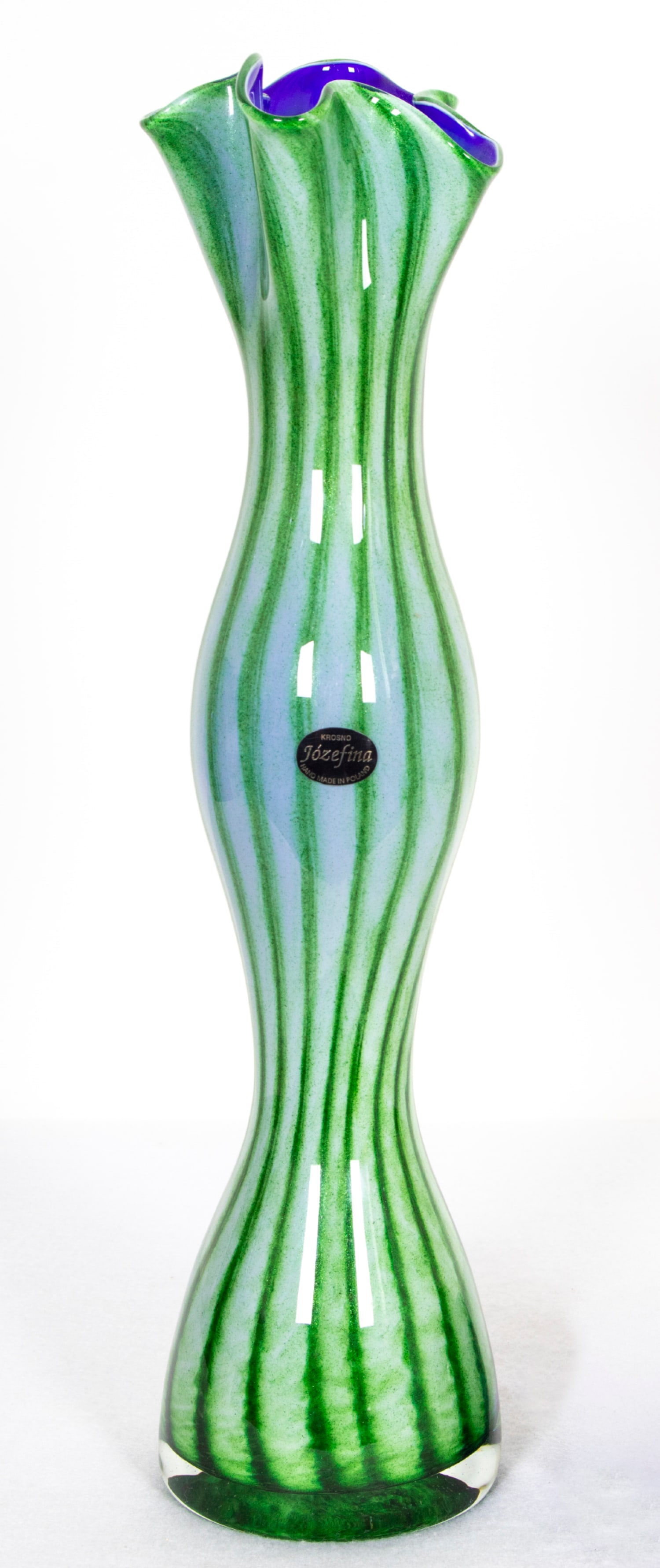 Krosno Jozefina Art Glass (20 th Century) Polish: HANDKERCHIEF VASE, clear and metallic colored glass vase, label on side, 18” tall.