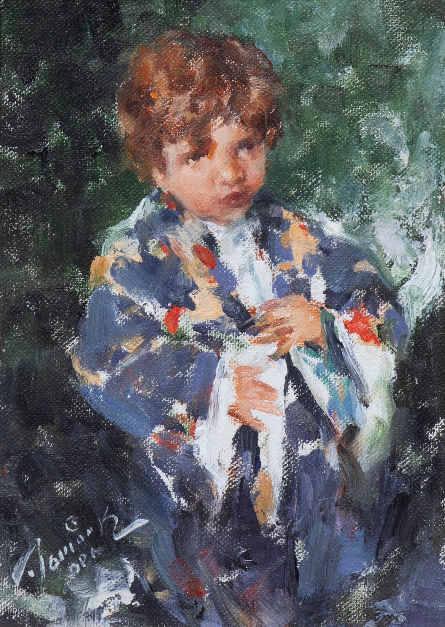 Ramon Kelley (b. 1939) Colorado Wyoming: LITTLE REDHEAD, oil painting on canvas board, signed lower left, 7 x 5”, frame 10 ¼ x 8 ¼”, signed and titled on verso.