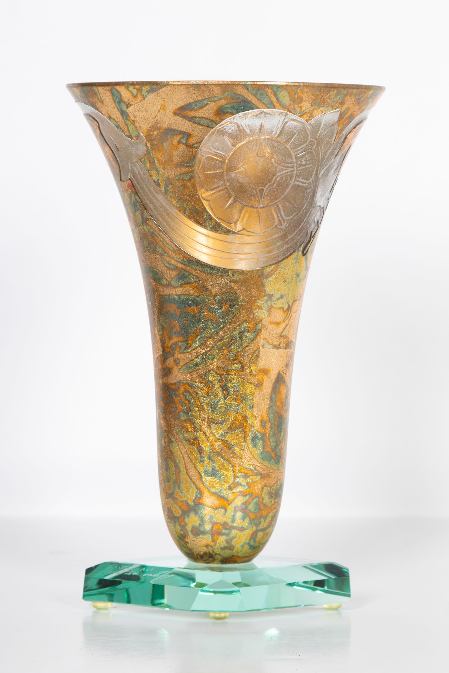 Kristal Art Glass: A large contemporary gold and green tapered oval art glass vase, signed on the plinth, 10” tall, 6 x 4 ½”.
