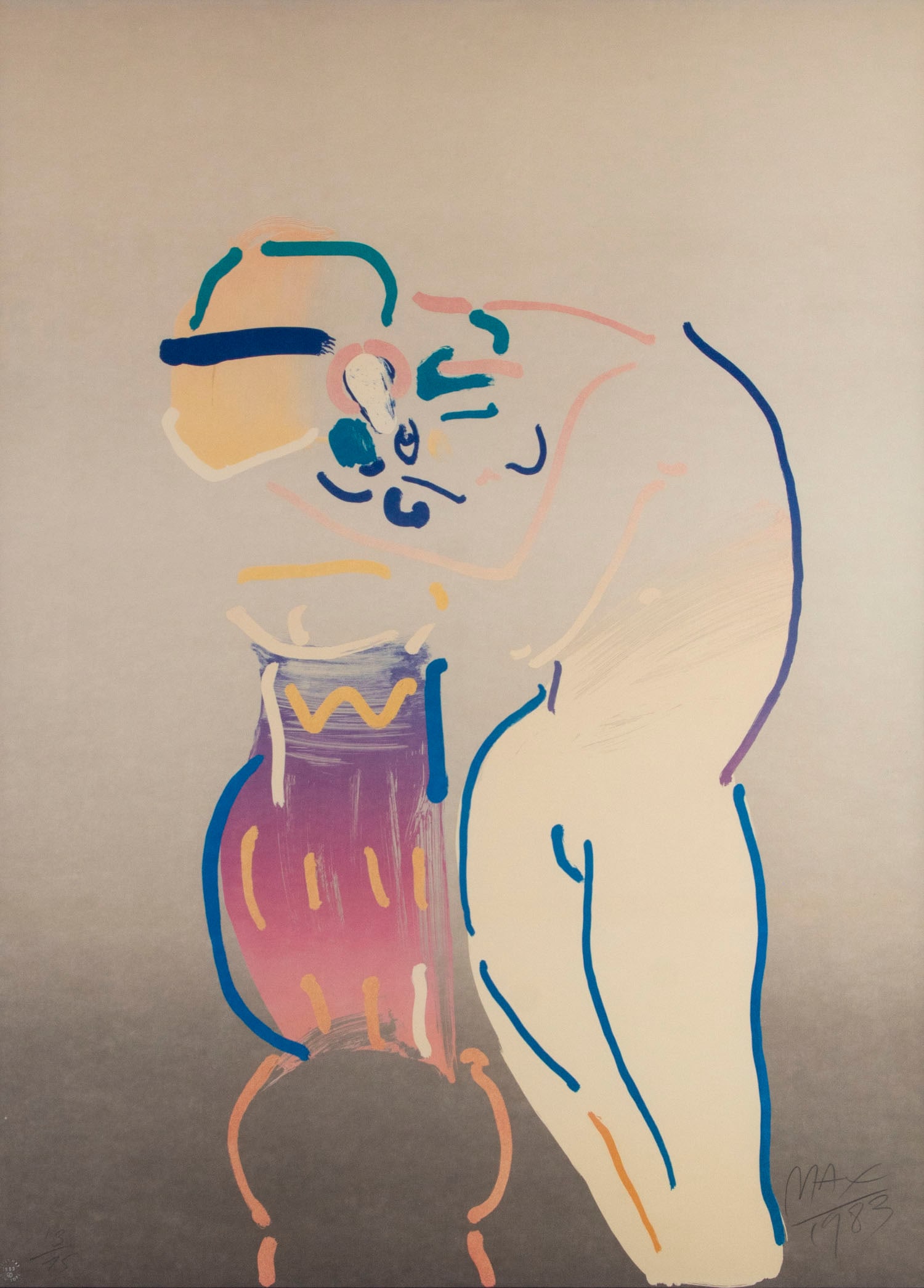 Peter Max (b. 1937) German American: UNTITLED WOMAN, 1983, color lithograph, signed, dated and numbered 13/75 in pencil, with artist’s studio blind stamp lower left, sight 41 x 29 ¼”, frame 51 x 39 ½” with ple