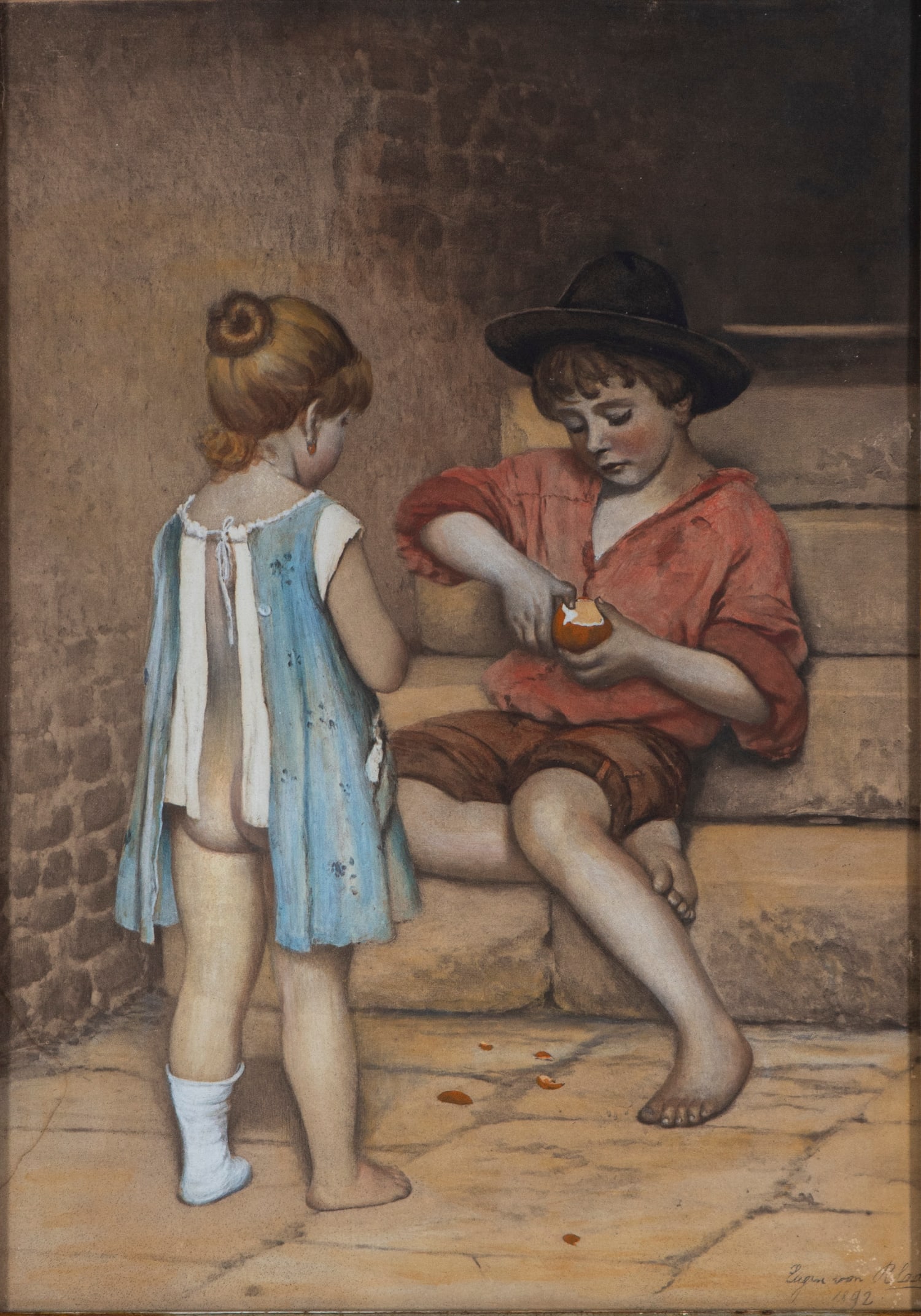 Eugen Von Blass (1843-1932) Italy: CHILDREN EATING FRUIT, 1892, watercolor on paper, signed and dated lower right, 10 x 14”, frame 16 ¼ x 12 ¼” with glass.