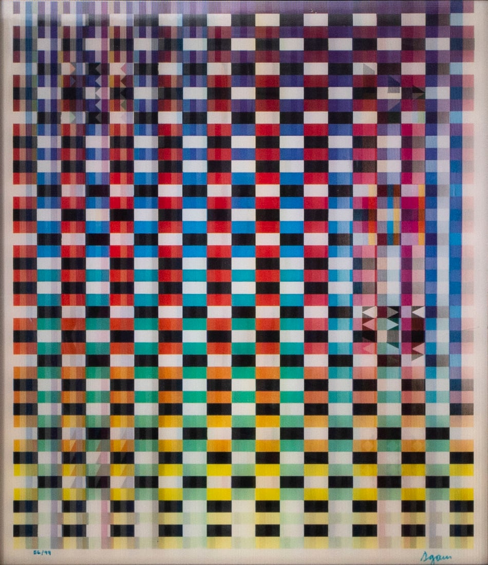 Yaacov Agam (b. 1928) Israeli: UNTITLED, Agamograph, lenticular plastic with laminated color screenprint, with good movement, signed and numbered 86/99 in blue ink, 17 x 14 ½”, frame 27 x 25” with plexiglass.