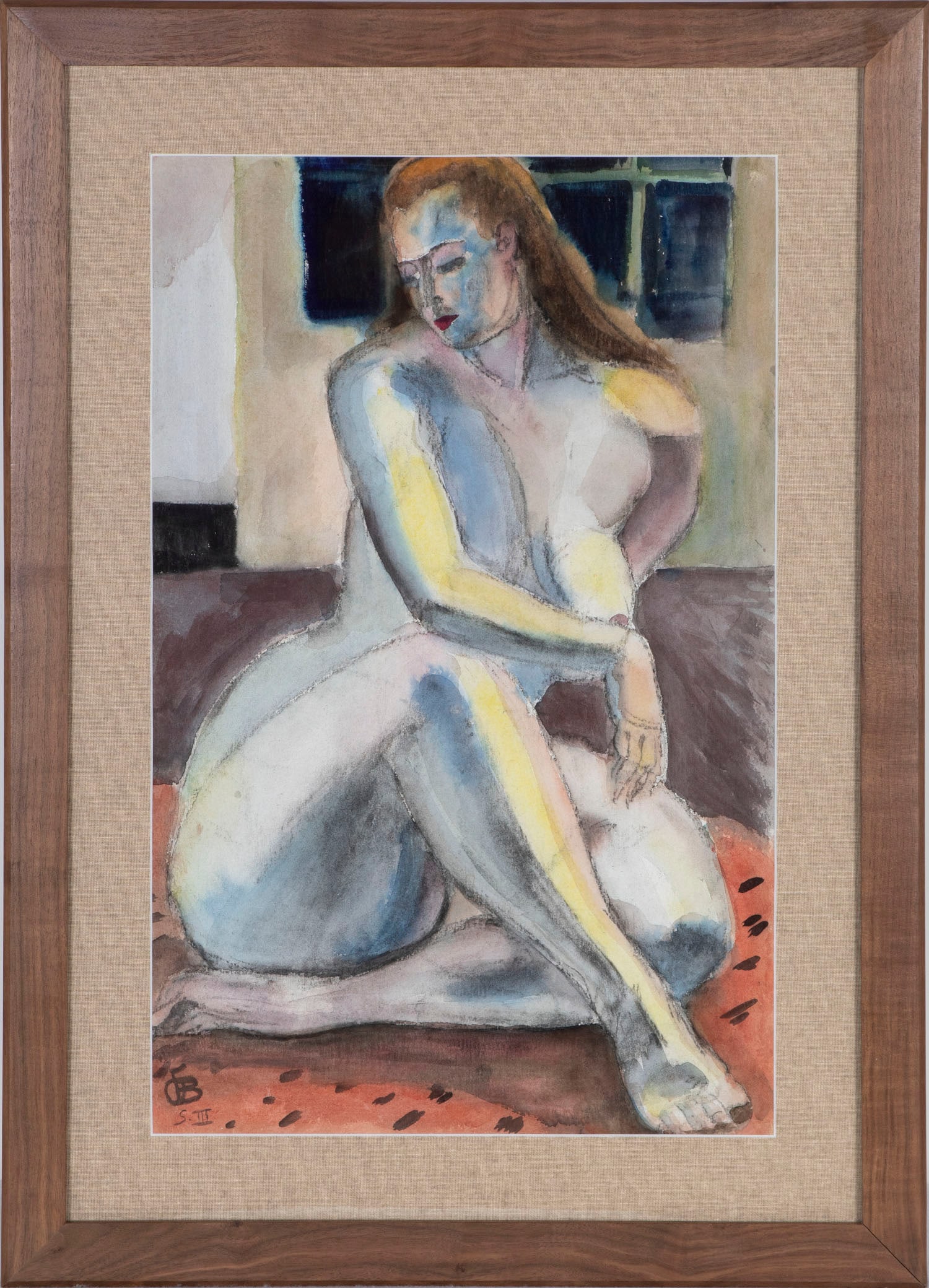 American School (20 th Century): SEATED NUDE, LANDSCAPE, double-sided color watercolor on paper, with cyphers and inscriptions on both sides, sights 22 ½ x 14 ½”, two-sided frame 29 ½ x 21 ½” w