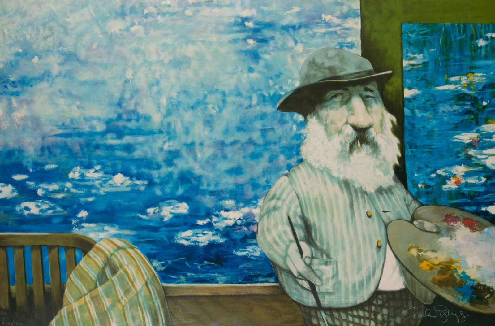 Charles Bragg (1931-2017) California: HOMAGE TO MONET, color lithograph, signed and numbered 208/400 in white pencil, sight 25 ½ x 38 ¼”, frame 35 ½ x 48 ½” with plexiglass.