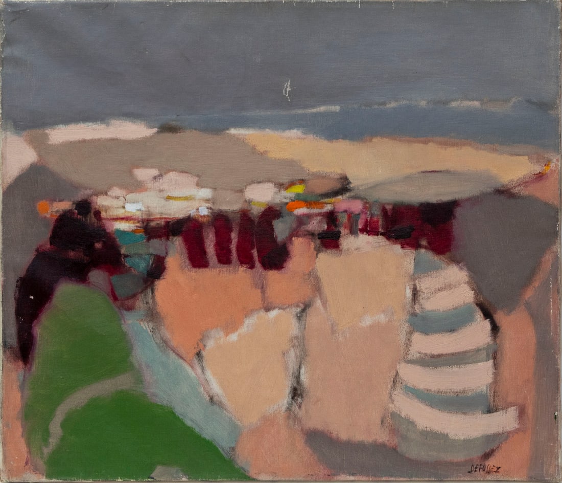 Alfred DeFossez (b. 1932) French: LA PLAGE No. 793, oil painting on canvas, signed lower right, titled on verso, 21 ¼ x 25 ¾”. Provenance: Gabrielle DeFossez, the artist’s daughter.