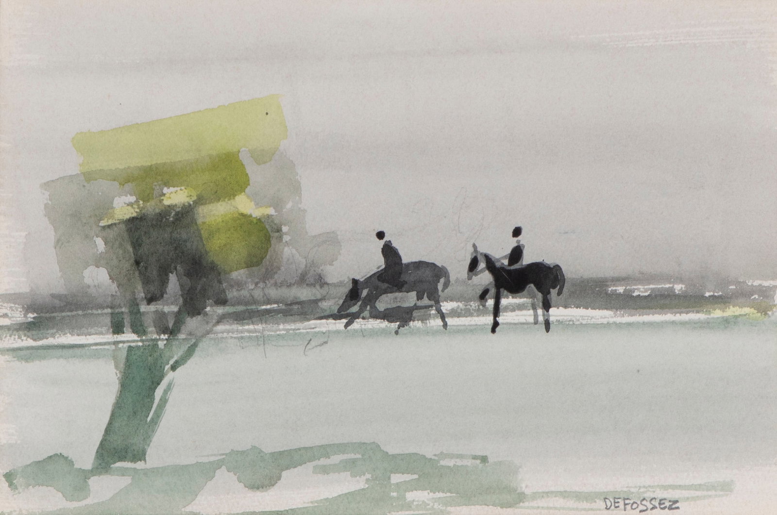 Alfred DeFossez (b. 1932) French: AQUAIELLE LA PROMENADE, watercolor on paper, signed lower right, sight 6 ¼ x 9 ½”, frame 12 ½ x 15 ½” with glass. Provenance: Gabrielle DeFossez, the artist’s