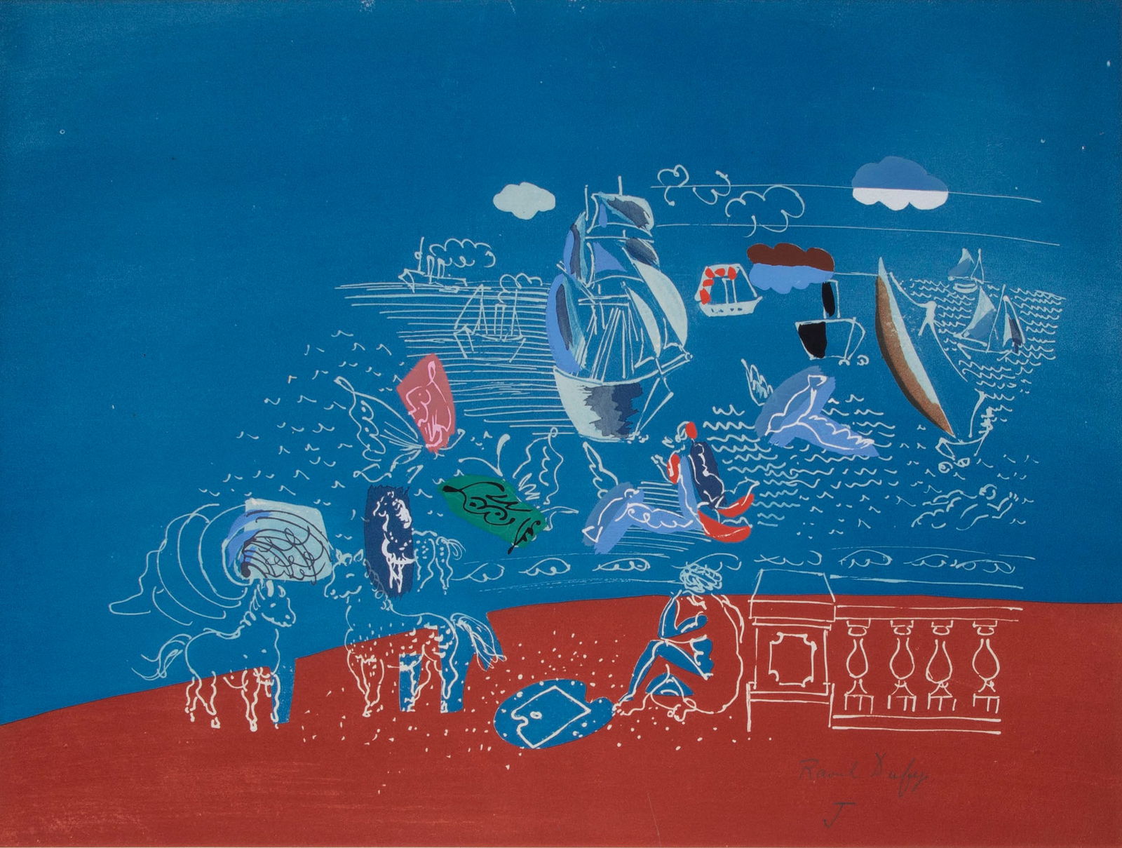 Raoul Dufy (1877-1953) French: AU BORD DE LA MER (La Plage), 1930, color lithograph on BFK Rives watermarked paper, signed in pencil and inscribed J from the lettered edition, aside from the numbered edition of 25, sheet 19 x 24&rd