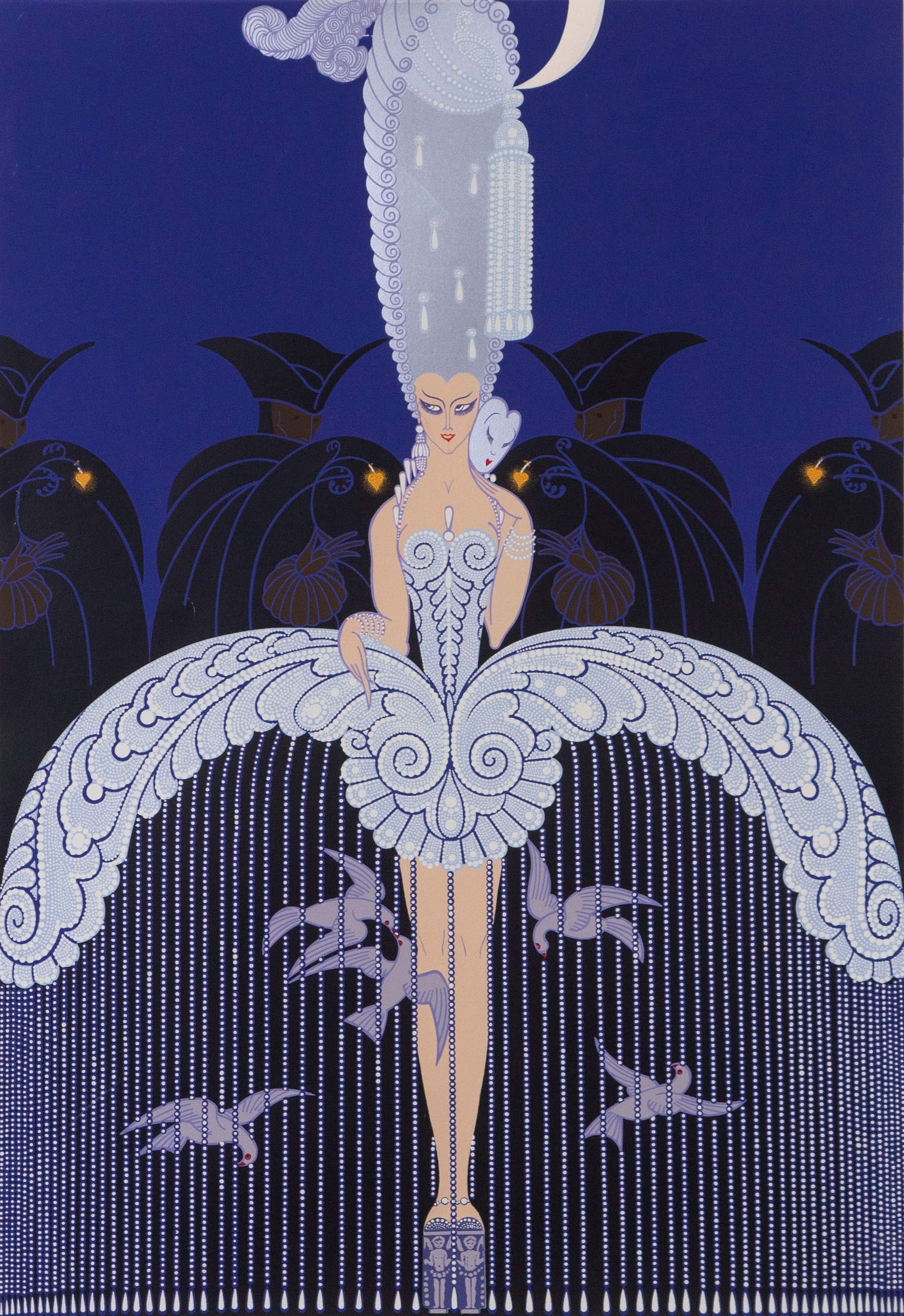 Erte (1892-1990) Russian French: HER SECRET ADMIRERS (Lee 47), 1982, color screenprint, signed and numbered 66/125 Roman numerals in pencil, printed by Chromacomp, New York, image 26 x 18”, full margins, frame 40 ¾ x 31