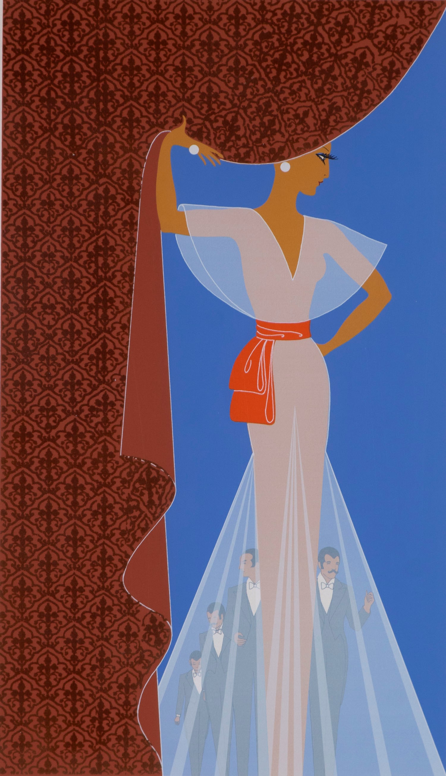 Erte (1892-1990) Russian French: THE CURTAIN (Lee 102), 1977, color screenprint with flocking, signed and inscribed AP (artist’ proof) in pencil, printed by Chicago Serigraphic Workshop, image 20 x 11 ½”, full margins,