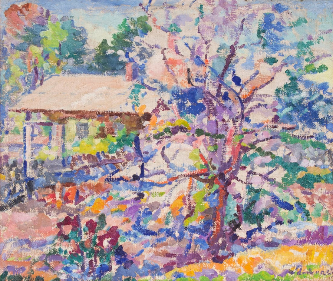 Marga Lielkraste-Lietlande (1911-2003) Latvia: LANDSCAPE, oil painting on burlap, signed lower right and label on verso, 22 x 26”, frame 24 x 28”. painting From the Richard Miles Collection, author of the Paul Jacoulet Catalogue Raison