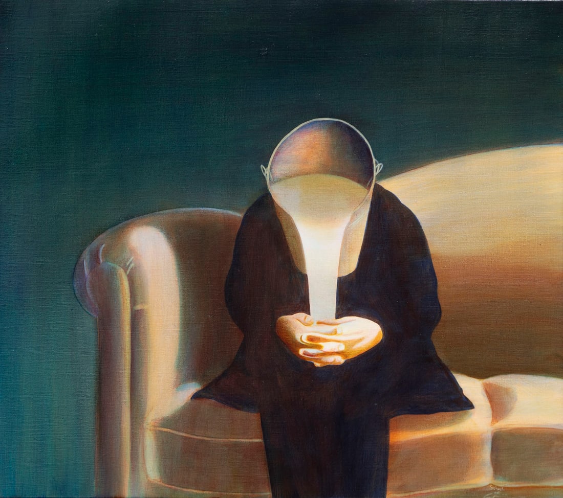School of (Orlando Gallery artist): BUCKET HEAD, acrylic painting on canvas, inscribed School of and signed lower right, with Orlando Gallery stamp on verso, frame 16 ½ x 18 ½”.