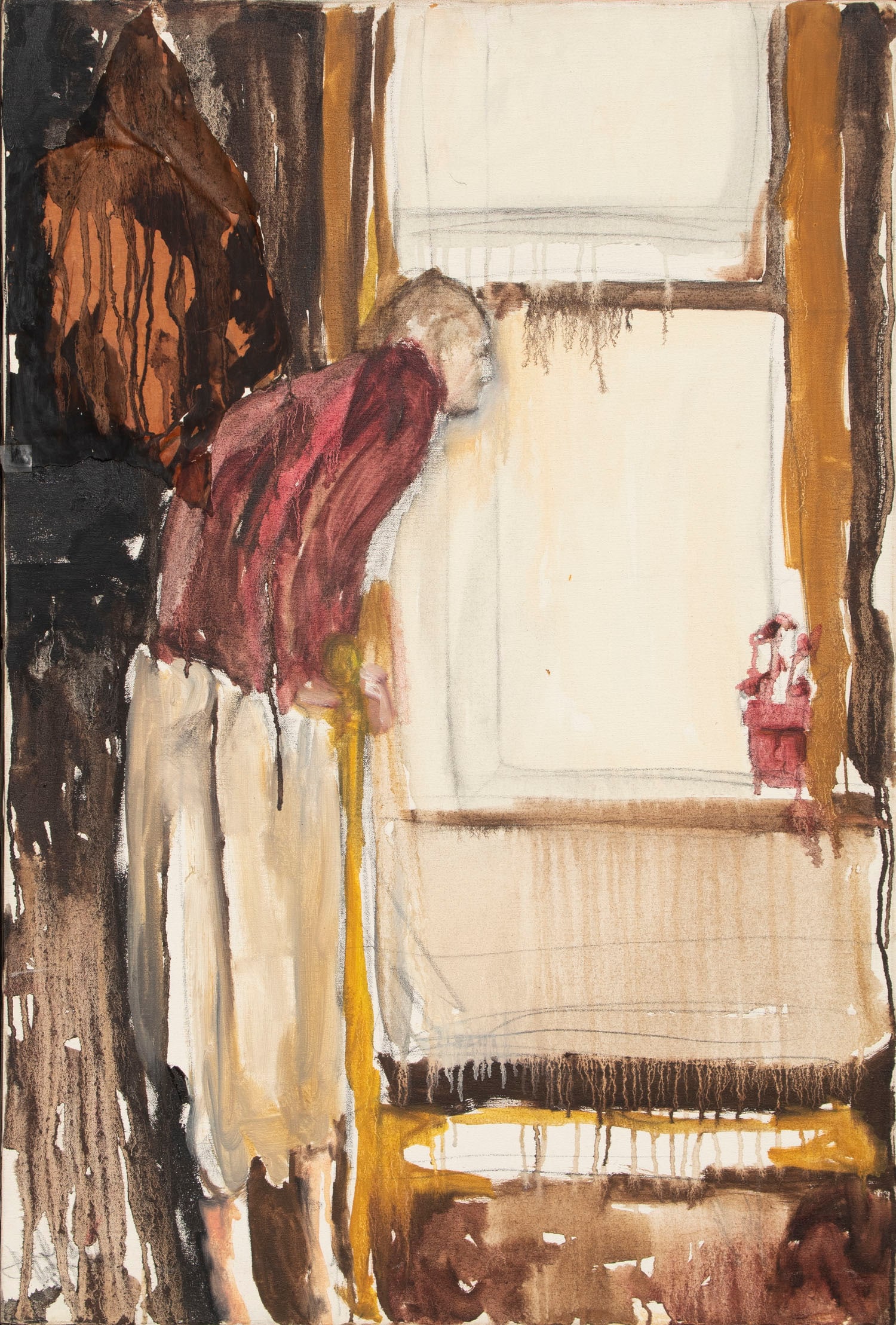 Jeffrey Weiss (20 th Century) American: PEERING OUT A WINDOW, 1961, oil painting and collage on canvas, signed and dated on verso, 36 ¼ x 24 ¼”, frame 37 ½ x 25 ½”.
