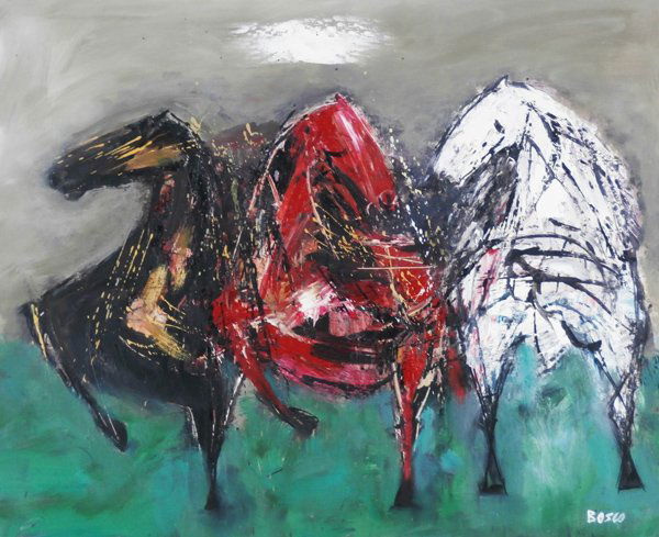 Pierre Bosco (1909-1991) French: CHEVAUX LIBERTE, oil painting on canvas, signed lower right, 23 ¾ x 28 ¾”, signed and titled on verso, a few small hairline cracks, otherwise in good condition.