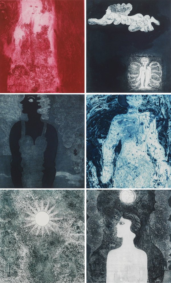Ann Brunskill (20th Century) American (eight): APHRODITE, portfolio of eight color etchings, each signed in pencil, from the numbered edition 75, sheets 22 ½ x 15 ½”, each with accompanying poems by William Blake, D. H. Lawrence, and others, m