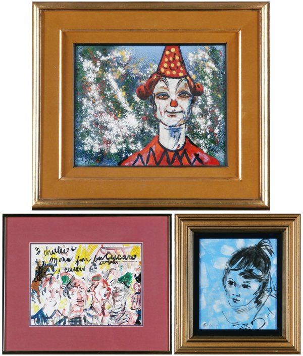 Clown Art: Pascal Cucaro (1915-2004) Californian (three: CLOWN, enamel on copper, from the numbered edition 40, signed lower right, 8 x 10”; CLOWN PARTY, watercolor on two sheets of paper, signed upper right, over-all 8 ¼ x 11”; GIRL WITH BLUE SKY, mix