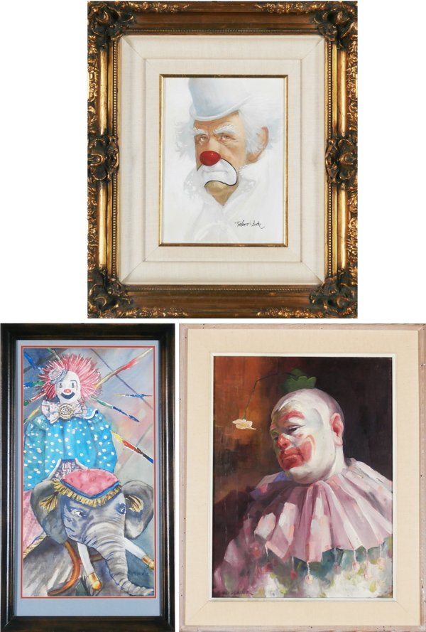 Clown Art: Robert Owen (b. 1930), Kenneth Draper & Mick: Robert Owen, WHITEY, THE CLOWN, oil painting on canvas, signed lower right, 12 x 9”; Together with Kenneth Draper, CLOWN WITH FLOWER HAT, oil painting on canvas, signed lower left, 24 x 18”, prove