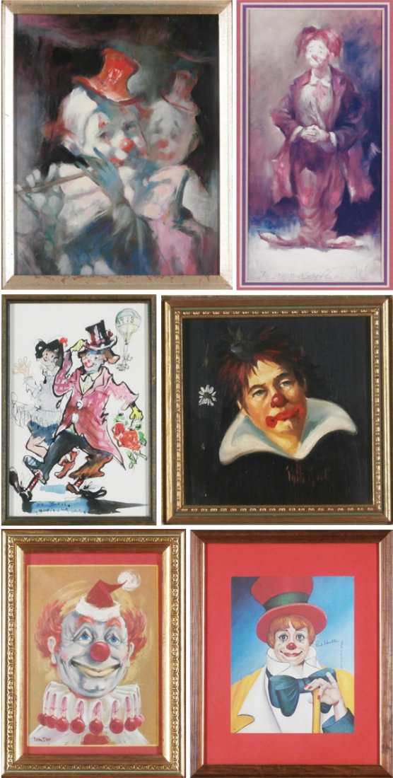 Clown Art: Julian Ritter (3) & others (seven): Julian Ritter, CLOWN MUSICIANS, oil painting on Masonite, 10 x 8”, natural contractions in paint; CLOWN COUPLE, 1978, watercolor on paper, signed lower center, 9 ½ x 6 ½”, in good studio conditi
