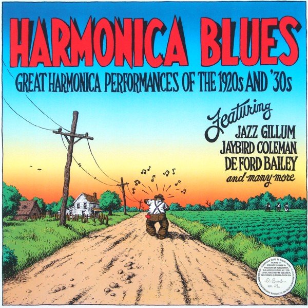 Robert Crumb (b. 1943) American: HARMONICA BLUES, 1976, color lithograph, signed in pencil, from the numbered edition 250, image 24 x 24”, full margins, a few soft handling creases, otherwise in good condition.