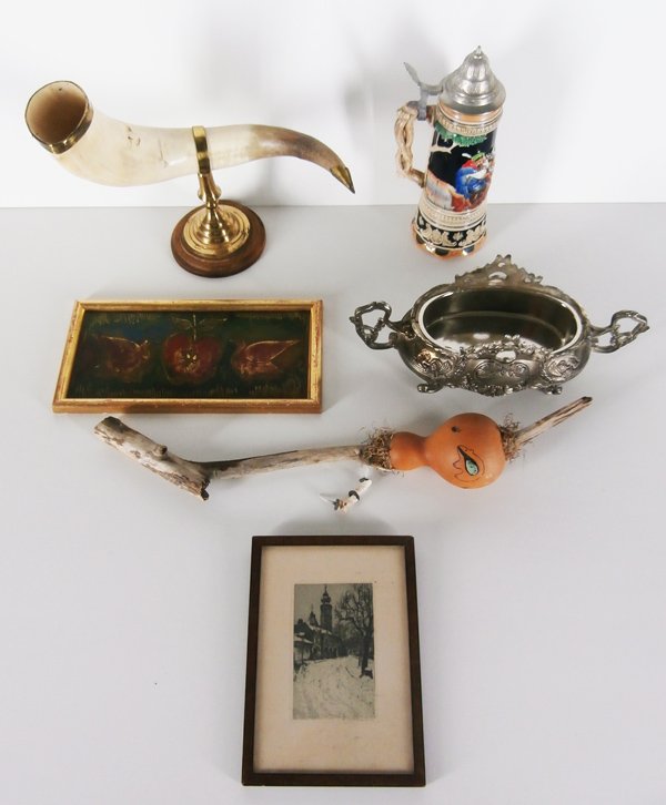 Decorative Items: objects & artwork (five): A small silver metal jardiniere, 5 ¼ x 13 ½ x 5”, tarnished; Together with a horn with metal stand and trim, overall 11 x 14 x 9”; surface soiling; Together with Chavalier, TWO BIRDS WITH APPLES
