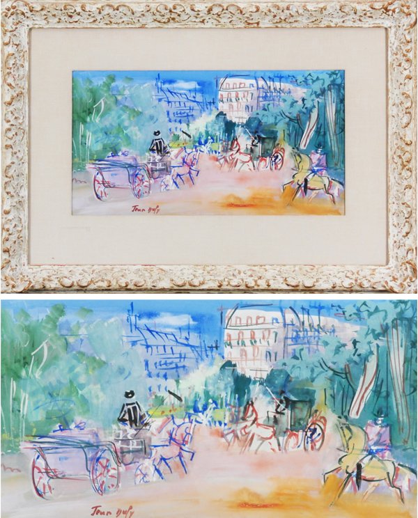 Jean Dufy (1888-1964) French: CARRIAGES IN THE PARK, watercolor on paper, signed lower left, sight 9 ½ x 17 ¾”, framed, French brown paper tape on verso upper sheet edge, in good condition. Provenance: James Vigeveno Galleries