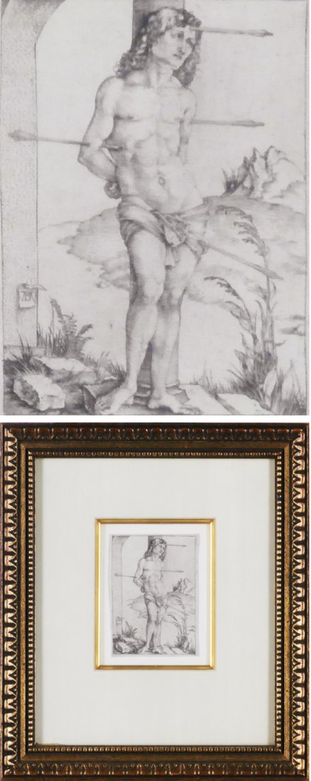 Albrecht Durer (1471-1528) German: ST. SEBASTIAN BOUND TO THE COLUMN (B.56), c.1498-1499, engraving, from 17th century edition, artist’s initials in plate, sheet 4 ¼ x 3 ¼”, framed with glass. Provenance: Merrill Chase Galleries,