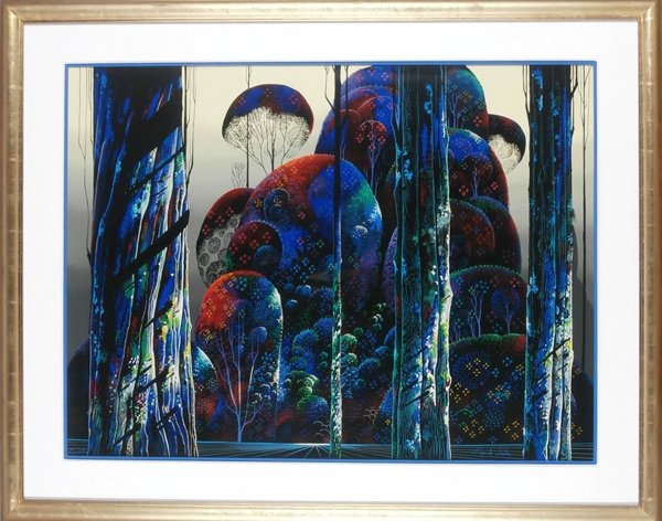 Eyvind Earle (1916-2000) Californian: TREES DRAPED IN AUTUMN, color screenprint, signed in pencil, from the numbered edition 475, sight 33 x 44”, full margins, framed, in apparently very good condition.