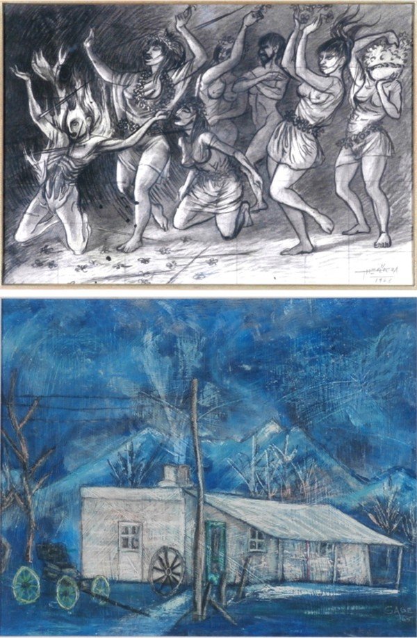 Herrera & Sage (20th/ 21st Century) (two): Herrera, FIRE DANCERS, 1968, ink, wash and graphite, with gridlines for study for a larger painting, signed and dated lower right, sight 10 x 15”, framed with glass, minor discoloration; Together wi