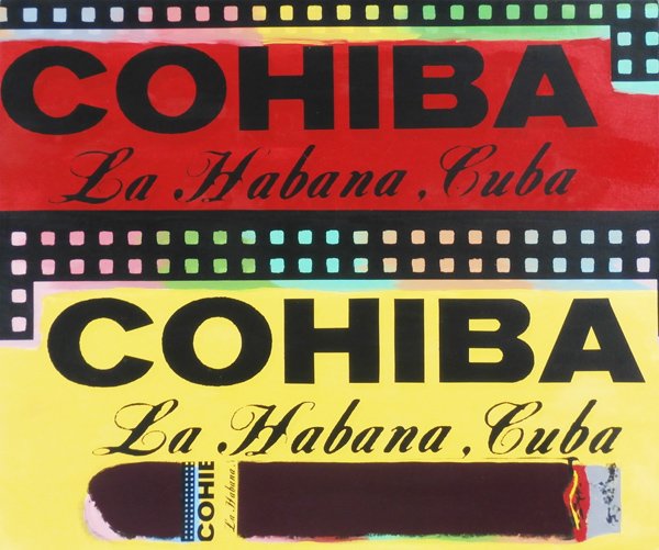 Steve Kaufman (1960-2010) American: COHIBA, color screenprint on canvas, signed in ink on verso, from the edition artist’s proof 50, canvas 29 ½ x 35”, a few hairline cracks, slight horizontal indentation in cigar, otherwise in goo