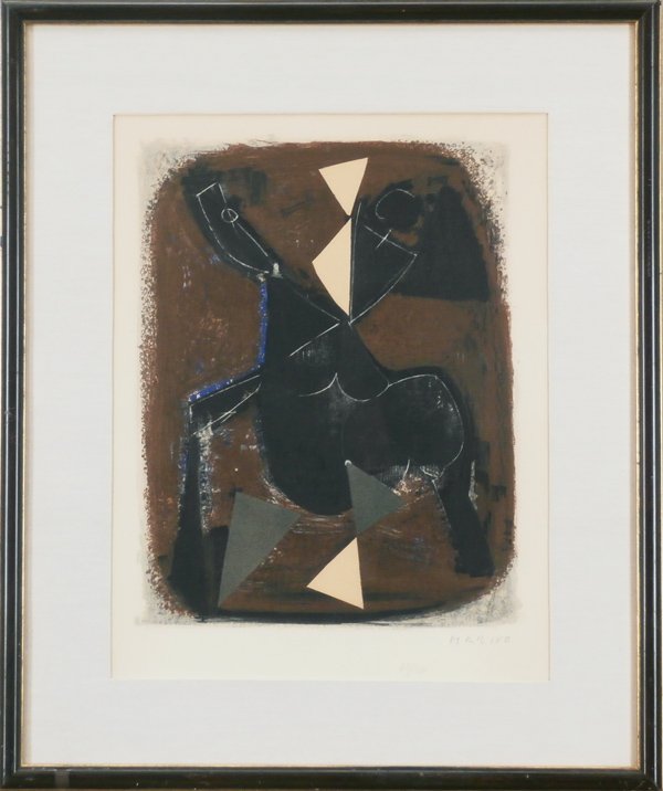 Marino Marini (1901-1980) Italian: BLACK CAVALIER (GL.81), 1962, color lithograph, signed in pencil, from the numbered edition 50, image 16 x 12 ½”, printed by Mourlot, full margins, framed with glass, pale toning, faint speckling, 