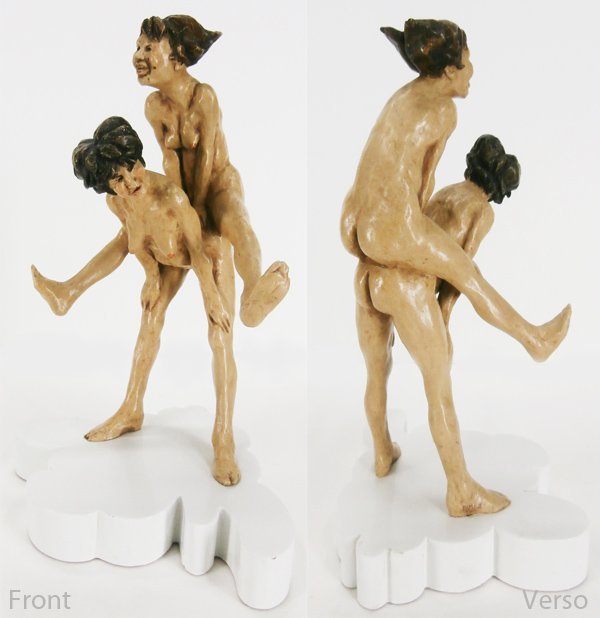 Ralph Massey (b. 1938) American: LEAP FROG, 1968, painted plaster mixed media sculpture, signed and dated, 14 ¼” tall, minor wear or small losses in top subject’s hair, surface soiling, otherwise in very good condition.