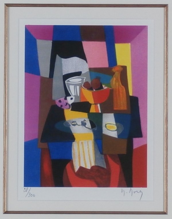 Marcel Mouly (1918-2008) French: LA SERVIETTE JUNE, color lithograph, signed in pencil, from the numbered edition 300, image 11 ¼ x 8 ½”, full margins, framed with glass, in good condition with bright fresh colors.