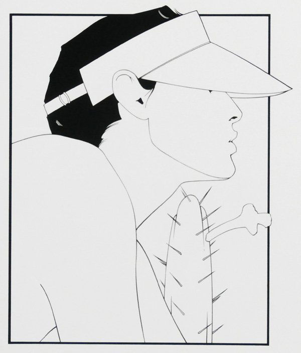 Patrick Nagel (1945-1984) American: SILVER SUNBEAM (see Dumas page 151), 1979, ink drawing on illustration board, image 17 x 14 ¼”, board 30 x 20”, Mirage label on verso, some fingerprints and smudges in the margins, in good studio