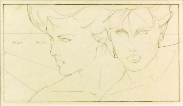 Patrick Nagel (1945-1984) American: TWINS, 1983, pencil drawing on translucent paper, sheet 12 7/8 x 12 ¾”, image 5 ½ x 10”, some red pencil, annotations in margins, Estate of Patrick Nagel Original Art blind stamp in the margins,