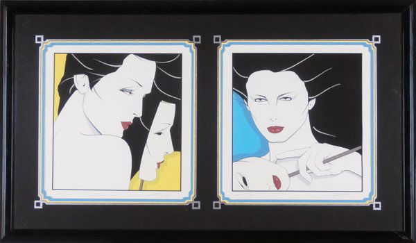 Patrick Nagel (1945-1984) American: DIPTYCH (D.2), 1980, two color screenprints, each signed in ink and from the numbered edition 250, Mirage Editions blind stamp lower center right, sights 19 x 18 ¼” each, in one frame, in apparentl