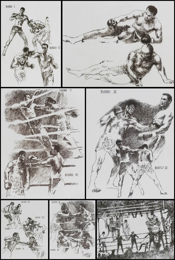 LeRoy Neiman (1921-2012) American: ALI – FRAZIER SUITE (K.240, 241, 243, 244, 245, 250, 252), seven etchings, each signed in pencil, from the numbered edition 150, sheets 15 x 20” & 20 x 15”, all with blindstamps, toning, discolo