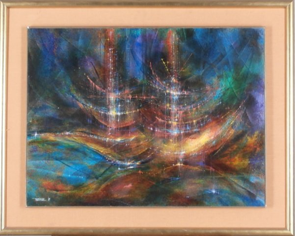 Leonardo Nierman (b. 1932) Mexican: PUERTO, 1965, oil painting on Masonite, signed and dated lower left, 23 ½ x 31 ½”, framed, some edge wear, a few unobtrusive hairline scuffs upper center, otherwise in good condition. Provenance: 