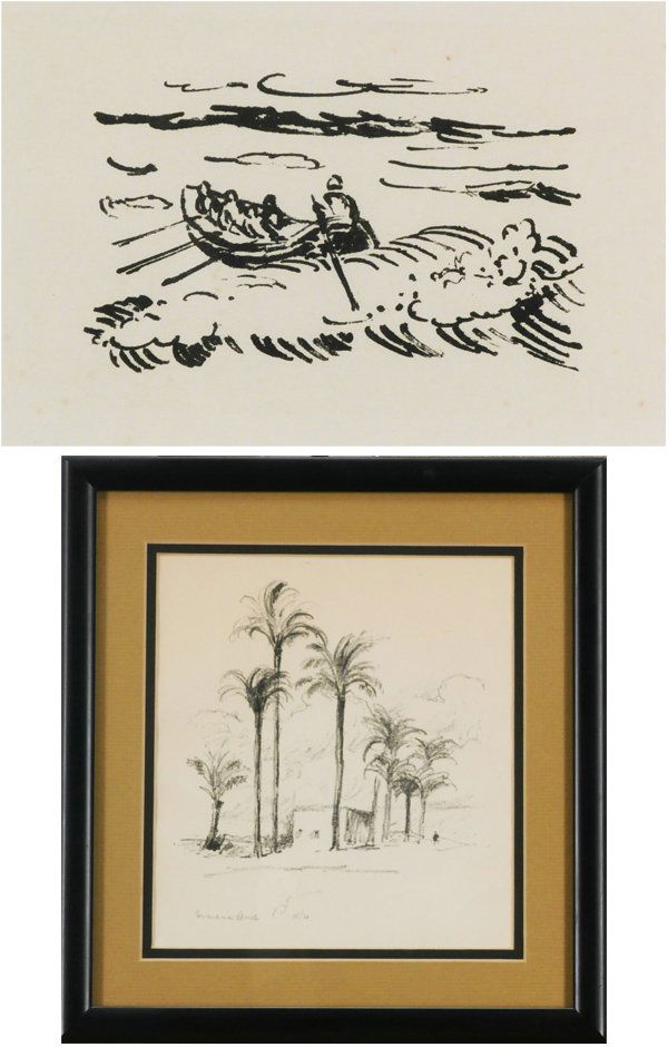 Hermann Max Pechstein (1881-1955) & unidentified artist: Hermann Max Pechstein, ITALIAN COAST from the Reisebilder, 1919, lithograph, image 3 ½ x 5 ¾”, full margins, some pale speckling; Together with unidentified artist, PALM TREES, lithograph, signed/