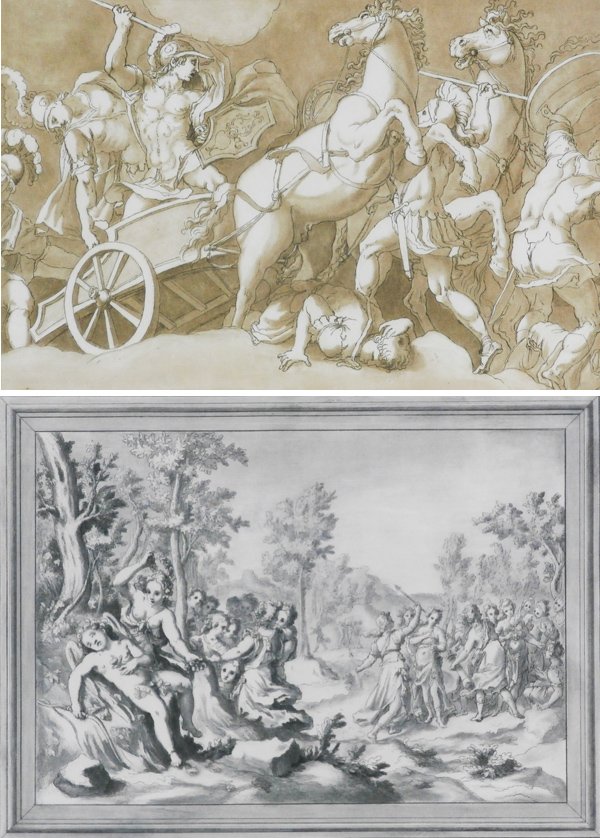 Andrea Scacciati (1642-1710) Italian (two): CHARLOT BATTLE, after Guilio Romano; CUPIDS & NYMPHS, after Simon De Pefero, two aquatint etchings, images 10 ¾ x 16 ¼” & 10 ¾ x 14 ½”, both with full margins and framed with glass, soft handl