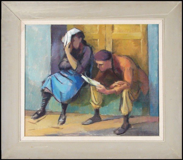 Jonathan Scott (1914-1995) British/ American: A PLACE IN THE SUN, oil painting on canvas, 22 x 26”, artist’s label on verso, framed, small scuff and dimple lower right, otherwise in good condition.