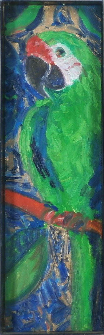Hunt Slonem (b. 1951) American: MILITARY MACAW, 1987, oil painting on canvas, signed dated and titled on verso, 30 x 9”, framed. Provenance: acquired directly from artist by the Ashkenazy family