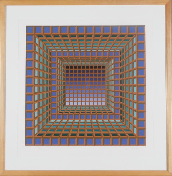 Victor Vasarely (1908-1997) Hungarian: PURPLE WITH GOLD GRID, color screenprint, signed in pencil, from the numbered edition 250, image 26 x 26”, full margins, framed with glass, soft handling creases and discoloration spots in margins, 