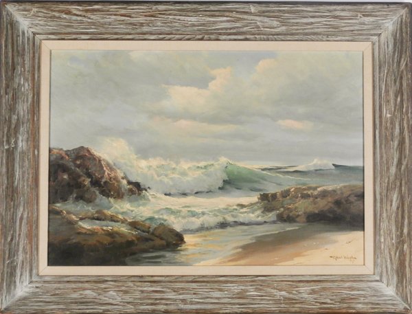 Robert Wood (1889-1979) Californian: LAGUNA SHORE, 1957, oil painting on canvas, signed lower right, 22 x 32”, framed, surface soiling, otherwise in good condition.