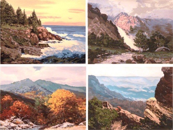 Robert Wood (1889-1979) Californian (four): LANDSCAPES, c.1975, four color screenprints, each signed in pencil, from the numbered editions 1000, images 15 x 20”, full margins, all with sun toning, a few creases and soft handling creases, smal