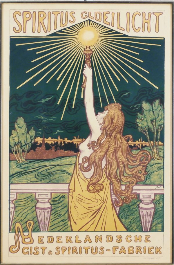 Jacob Abraham (Jacques) Zon (1872-1932) Dutch: SPIRITUS GLOEILICHT, NEDERLANDSCHE GIST & SPIRITUS-FABRIEK, color advertising poster on thin wove commercial paper from the edition with cream-tone background, 35 ¾ x 23 ½”, signature in design, L
